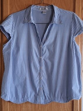 Light Blue/White Striped Button-Front 3X Women Top w/Handmade Matching Earrings